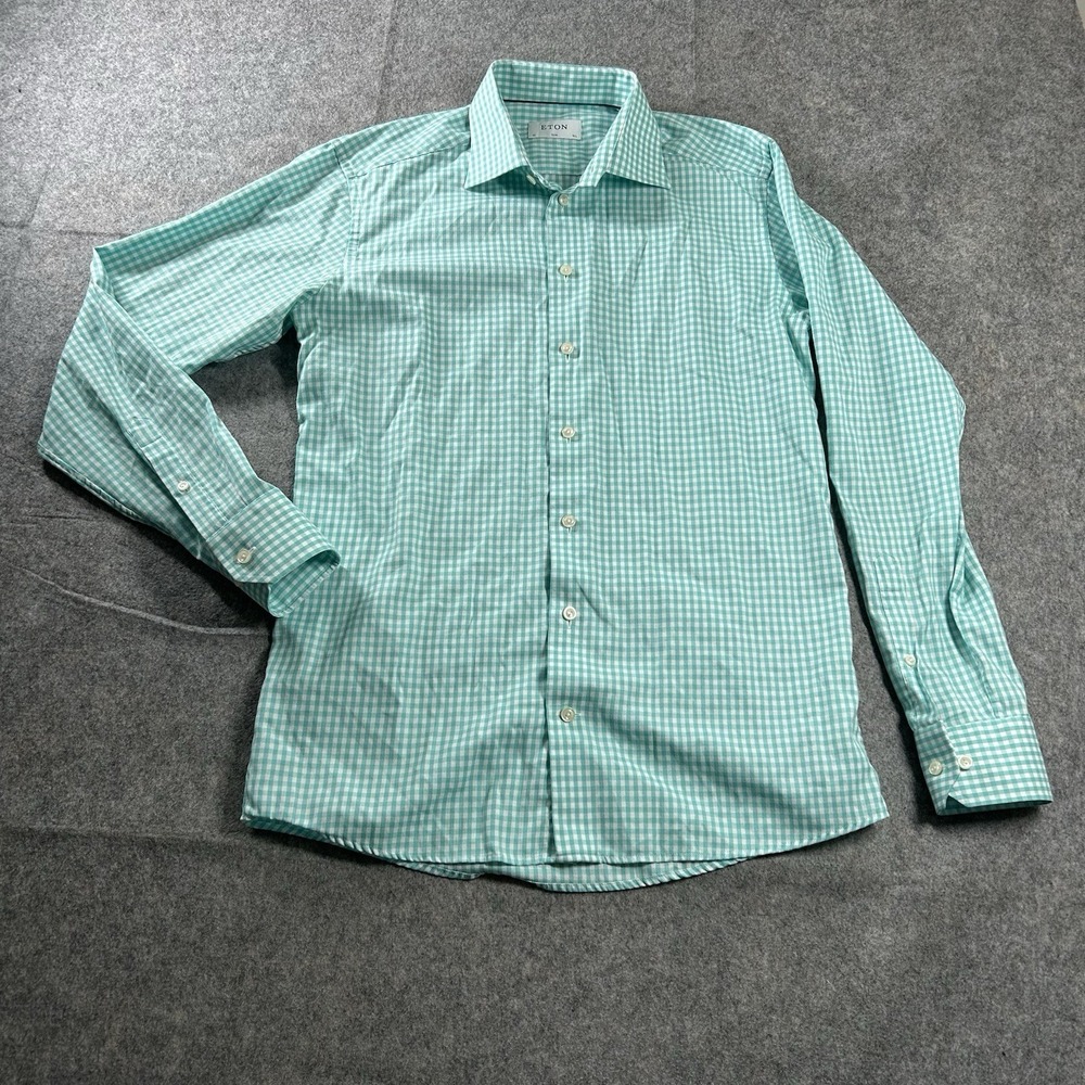 ETON Slim Fit Shirt Mens 42 16.5 Green Gingham Plaid Cotton Mitered Cuff - Picture 2 of 10